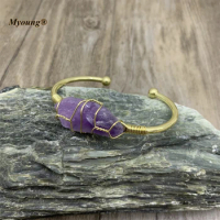 Irregular Natural Stone Bangles Cuff Copper Bracelets,Crystal Rose Quartzs Gold-color Wire Wrapped Women Jewelry MY211212