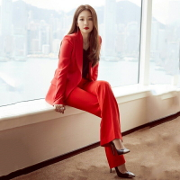 明星樸信惠同款紅色西裝套裝女夏季新款韓版西服闊腿褲氣質兩件套