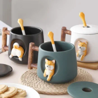 Creative Ceramic Cute Personality Mug with Cover Spoon Household Couple Men and Women Coffee Cup Shiba Inu Cup Gift