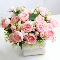 32cm Rose Pink Silk Bouquet Peony Artificial Flowers 5 Big Heads 4 Small Bud Bride Wedding Home Decoration Fake Faux Flowers