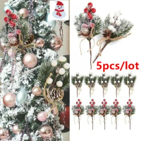 5pcs Christmas Red Berry Articifial Flower Pine Cone Branch 22cm Christmas Tree Decorations Ornament Gift Packaging DIY Wreath