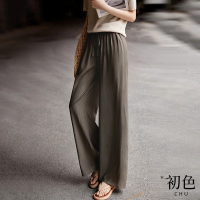 【初色】冰絲涼感薄款素色鬆緊系帶高腰闊腿長褲-褐色-70138(M-XL可選)