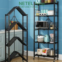 NETEL Foldable Shelf kitchen Movable Pulley Multi-function Storage Rack Large Capacity Carbon Steel Floor-mounted Microwave