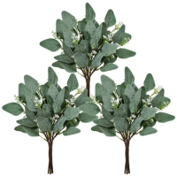 Hot YO-18 Pcs Fake Eucalyptus Leaves Stems Bulk Artificial Oval Eucalyptus Leaves Branches With Seeds In Grey Green For Wedding