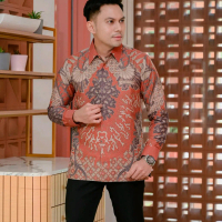 kemeja batik pria lengan panjang dobby premium KiyyAra Abstrak Terracota reguler fit
