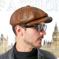 New 2024 Retro Brown Beret Hats For Men American/British Autumn/Winter Genuine Leather Octagonal Caps Painter Bonia