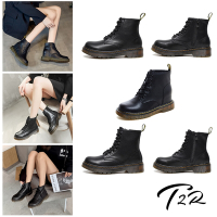 T2R-正韓空運-真皮綁帶拉鍊馬丁靴-增高約3-8公分-黑-多款樣式