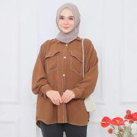SAELU Kemeja Polos Garis Benang Baju Wanita Bahan Crinkle Airflow Grade A Halus Lembut Adem Saku Dep