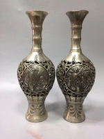 古玩銅器收藏金童玉女鏤空花瓶和合二仙純銅花瓶插花裝花花瓶擺件