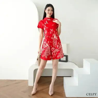Evercloth Celfy Cheongsam Batik Couple Qipao Dress Batik Modern Seragam Family Set Natal Imlek CNY C