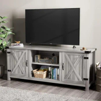 TV Cabinet with Two Barn Doors and Storage Cabinet, for TVs Over 65 Inches, 58 Inches, Gray TV Cabinet