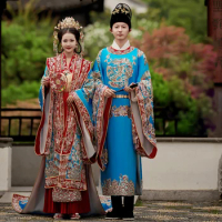 Blue Red Ancient China Hanfu Ming Dynasty Wedding Dress Couple Set for Overseas Chinese Ceremony Charming Bride Groom Costume