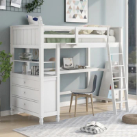 Twin size Loft Bed with Drawers and Desk, Wooden Loft Bed with Shelves, Maximized space, Solid Construction, White