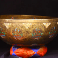 24"Tibetan Temple Collection Old Bronze Painted Four armed Guanyin Buddha Buddhist Music Bowl Amulet Worship Hall Town house