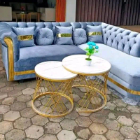 Sofa L slonjor meja besi bulat top hpl
