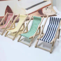 Mini Foldable Striped Wooded Beach Chair Dollhouse Miniature Furniture Deckchair Lounge Beach Chair Home Desktop Decor Kids Gift