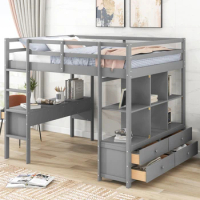 Full Size Loft Bed with Built-in Desk with 2 Drawers,Multifunctional youth bed with Sturdy Frame,Storage Shelves &amp; Drawers,Gray