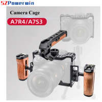 Powerwin Camera Cage For Sony A7R4 A7S3 A7M4 A74 with wooden Handle Kit Aluminum Alloy Multifunctional Arri Locating Screw