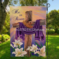 Two-sided He is Risen Cross Easter Garden Flag Banner with Windproof Rubber Stopper Clip