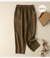 YOLO 2025 Summer New Cotton and Linen Embroidered Baggy Pants Elastic Waist Harem Pants Pocket Loose