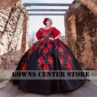 Red Roses Embroidery Black Satin Mexican Off The Shoulder Quinceanera Dress 2024 Ball Gown Charro Dress vestido de 15 Vintage