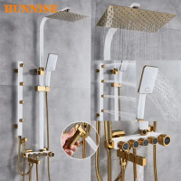 Bathroom Shower Set, Multifunction White Gold Back Chest Spray Shower System Rainfall Shower Head 12 Inch Bath Shower Mixer Set