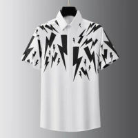 Minglu Cotton Summer Men's Dress Shirts Luxury Flash Printed Short Sleeve Covered Button Slim Fit Party Casual Male Shirts