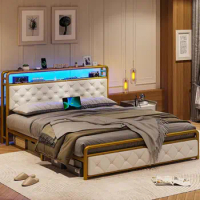 Queen LED Bed Frame with Headboard &amp;Power Outlets Upholstered Platform Bed Frame