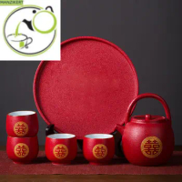 Boutique Red Ceramic Tea Pot and Cup Set, Chinese Wedding Tea Set,Handmade Exquisite Teaware Supplies, Household Teacup Drinkwar