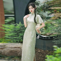 【維拉森林】玩美衣櫃古典旗袍洋裝復古清新綠開衩連身裙S-L