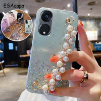 For oppo RENO 8T Case Bling Glitter Silver Foil Crystal Pearls Bracelet Wrist Chian Strap TPU protect back Cover For RENO 9 PRO