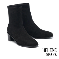 【HELENE_SPARK】極簡時尚純色彈力絨布方頭高跟短靴(黑)