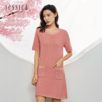 JESSICA - 氣質甜美簡約圓領短袖粗針織洋裝 222270（桃粉）