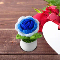 Artificial Rose Pots Handwoven Simulation Pot Knitting Rose Flower Bonsai Mini Cute Style Diy Crochet Knitted Potted for Garden
