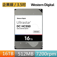 WD 威騰 Ultrastar DC HC550 16TB 3.5吋 7200轉 512MB 企業級內接硬碟(WUH721816ALE6L4)