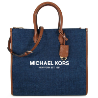 MICHAEL KORS Mirella 牛仔素面布紋品牌大Logo皮革邊飾直立式大托特兩用包(靛藍色)