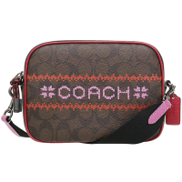 【COACH】限量款紅x深咖啡PVC粉紅刺繡印花LOGO小款單拉鍊相機斜背包
