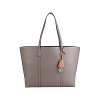 【TORY BURCH】TORY BURCH Perry系列燙印英文LOGO小牛皮開口式手提/肩背托特包(大/貝殼灰)