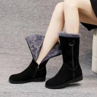 New Warm Chelsea High Fur Boots Winter Shoes for Women Fashion Snow Flat Boots Plus Velvet Large Size Mid-calf 41 Botas Mujer