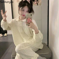 Kawaii Peter Pan Collar Pajama Sets for Women Schoolgirls Sweet Prints Sleepwear Korean College Princess Long Sleeve Lounge Wear