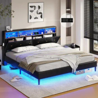 King Size Bed Frame with LED Lights and Headboard Storage, LED Beds Frame King Size with Charging Station, Upholstered Bed Frame