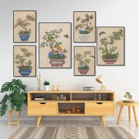 Ancient Chinese vase vintage print, botanical flower poster, butterfly, fruit tree, canvas painting print Nordic style decoratio