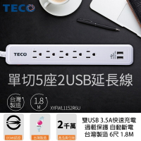 台灣製造 MIT TECO 東元 單切5座3孔2USB 多功能延長線 6尺 1.8M