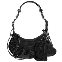 【Balenciaga 巴黎世家】經典鉚釘裝飾亮面漆皮2合1零錢包肩背斜背包(黑)