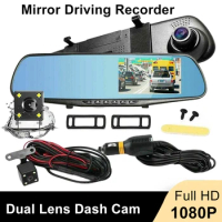 4.3'' Dash Cam Car DVR Dual Lens HD 1080P Rearview Mirror Driving Recorder 24H Parking Monitor Anti-Glare Rear Camera Dash Cam