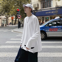 春秋oversize寬松潮牌破洞純色內搭打底衫情侶學生BF風長袖T恤男