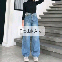Jeans Gombrong Whisker Highwaist Baggypants wide leg korean Style Terlaris  Wanita Pria (Afkir)