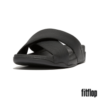 【FitFlop】SURFER 摔花皮革交叉涼鞋-男(黑色)