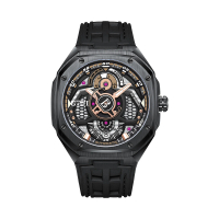 【BONEST GATTI】布加迪 黑框八角錶殼 玫瑰金指針 動力儲存顯示 氟橡膠錶帶 機械手錶(BG5801-A2)