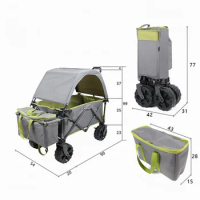 Outdoor Folding Wagon With Awning, Home Portable Shopping Cart Stroller For Picnic, Fishing, Beach